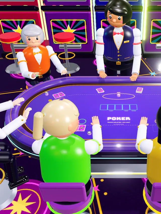 Six joueurs attablés au poker, le croupier debout derrière eux.