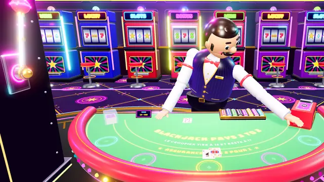 Le croupier moustachu du blackjack derrière sa table.