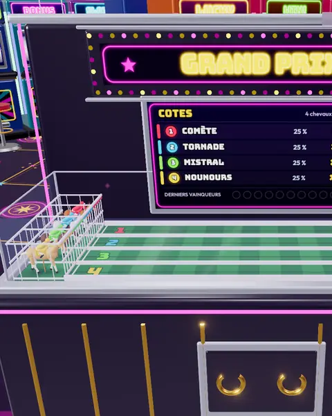 Les chevaux attendent dans la stalle de départ, sous le tableau des cotes du Grand Prix.