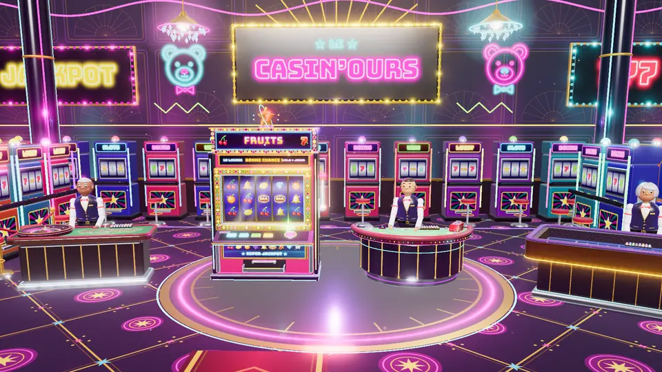 Derrière la porte, la salle du Casin’ours : enseignes néon, machine Fruits au centre, croupiers à leurs tables.