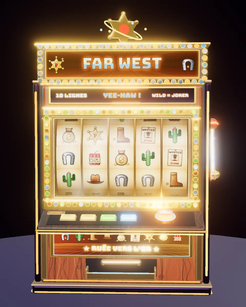 La machine à sous en habillage Far West : étoile de shérif et bois clair.