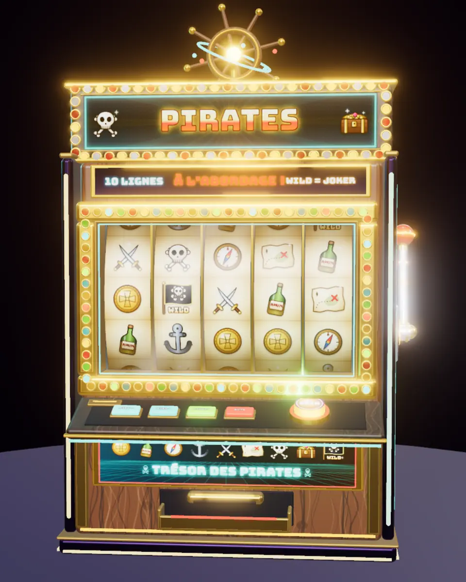 La machine à sous en habillage Pirates : bois verni et barre de navire.