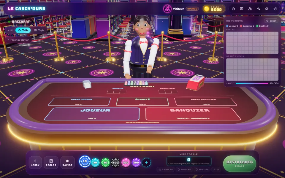 La table de baccarat en 3D, avec le tapis bordeaux et ses cases de mise.