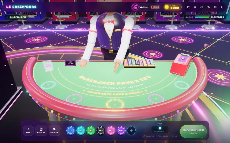 La table de blackjack en 3D, avec les cartes, les jetons et le croupier.