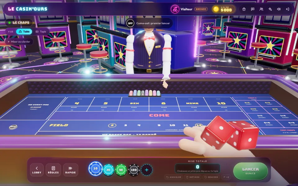 La table de craps en 3D, avec son tapis de mises et les dés.
