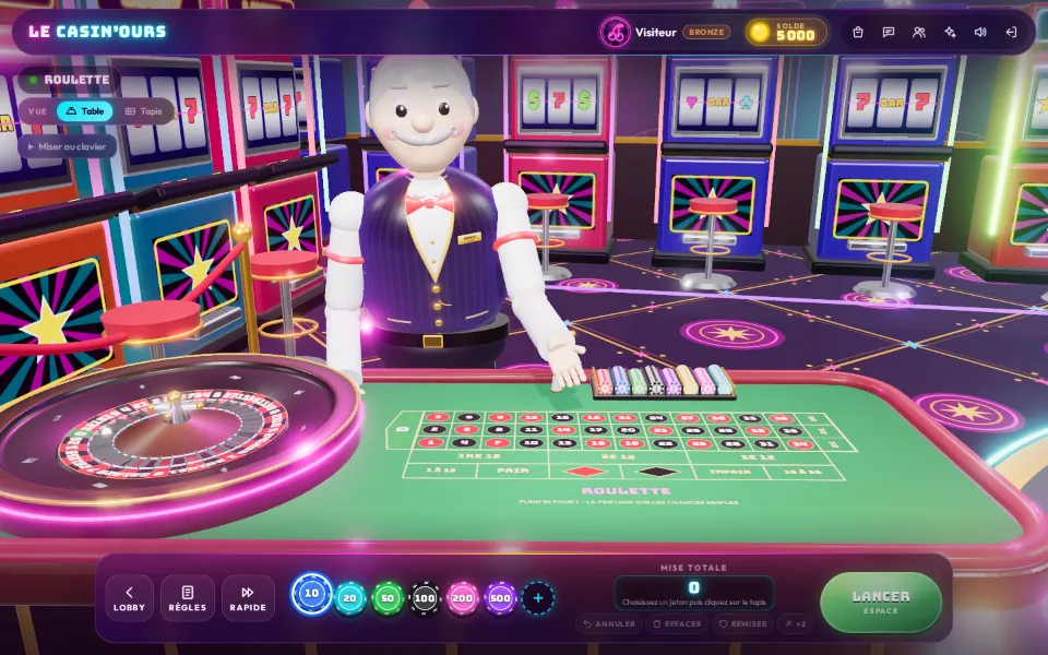 La table de roulette en 3D : le croupier, la roue et le tapis de mises, avec les jetons en bas de l’écran.
